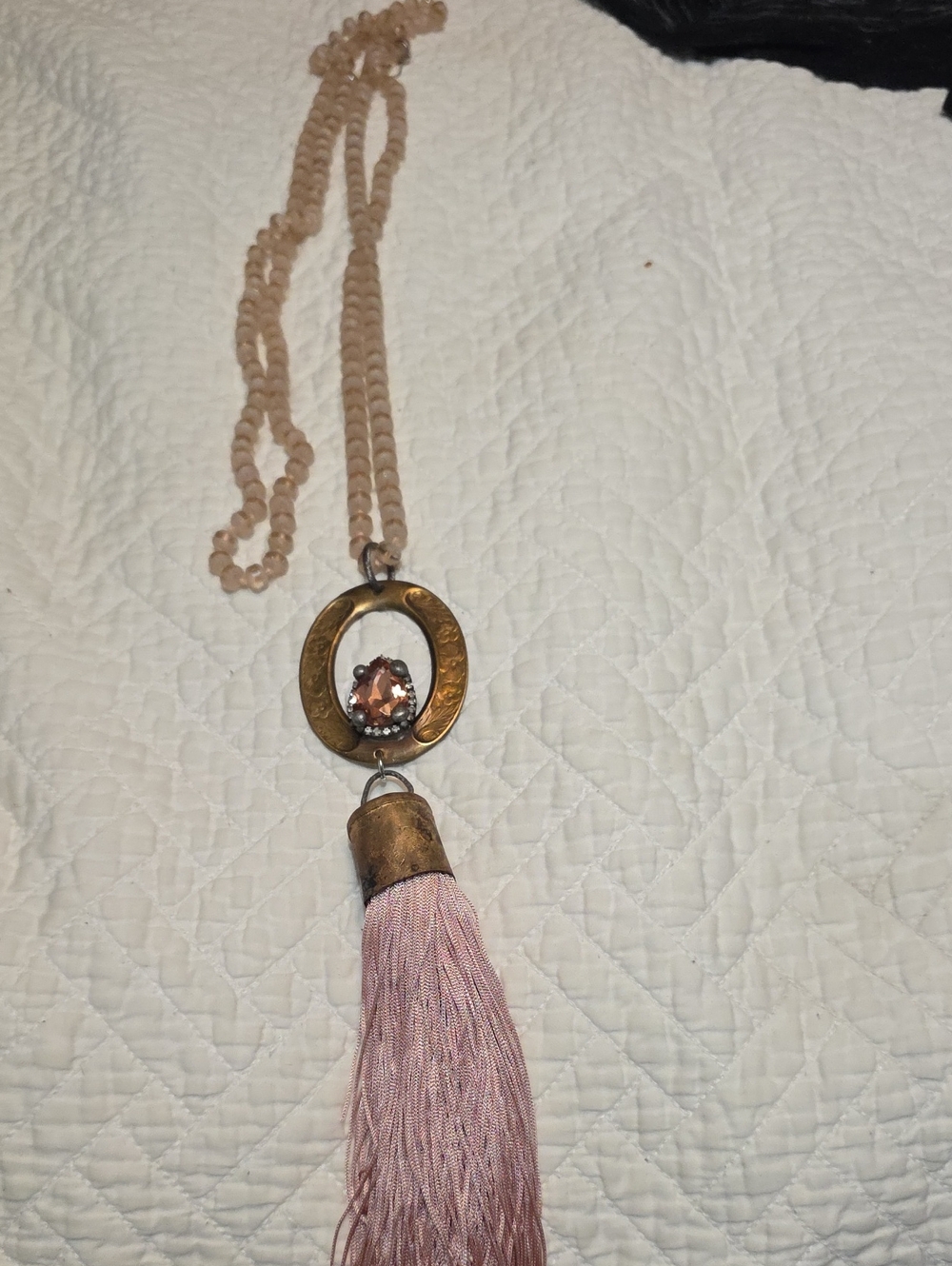 Boho Pink Tassel Pendant Necklace with Antique Gold Accent.  New.  Without Tags